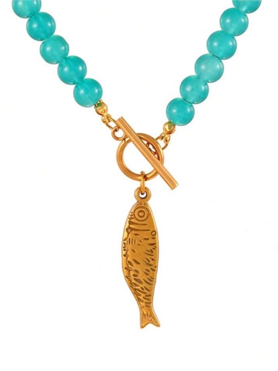 Jewelry - New! Coastal Blue Glass Beaded Gold Fish Sardine Necklace NWOT 4019